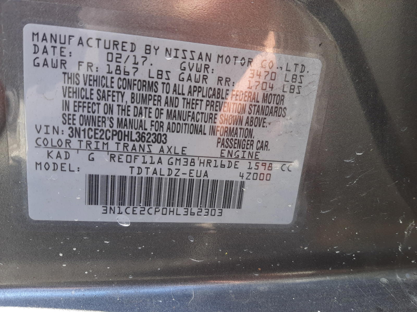 Photo 10 from auction – 2017 NISSAN VERSA NOTE with VIN 3N1CE2CP0HL362303