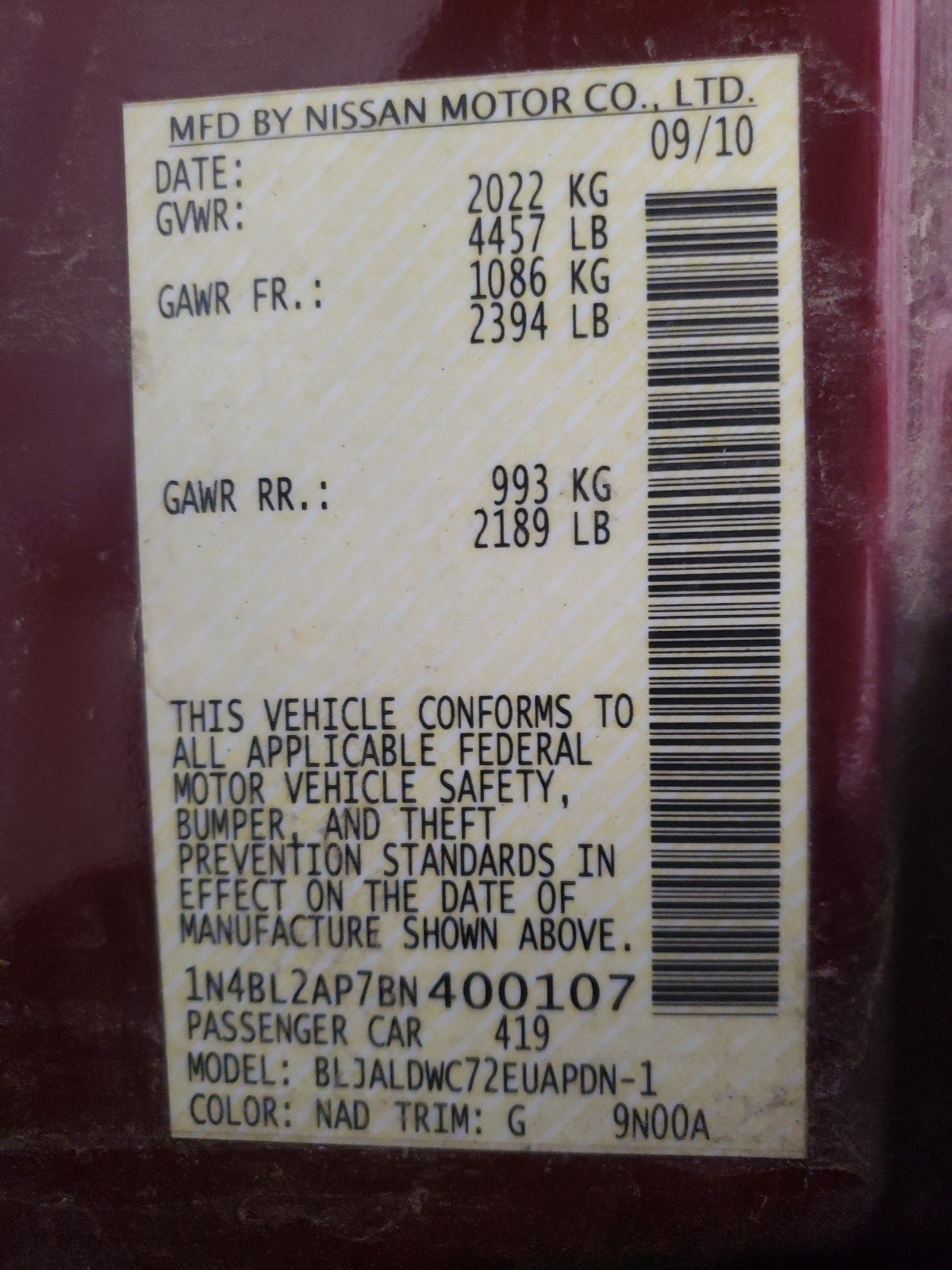 Photo 10 from auction – 2011 NISSAN ALTIMA SR with VIN 1N4BL2AP7BN400107