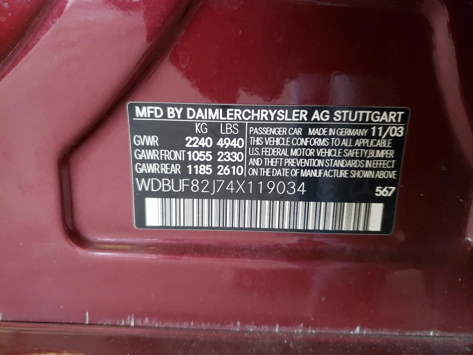 Photo 10 from auction – 2004 MERCEDES-BENZ E-CLASS with VIN WDBUF82J74X119034
