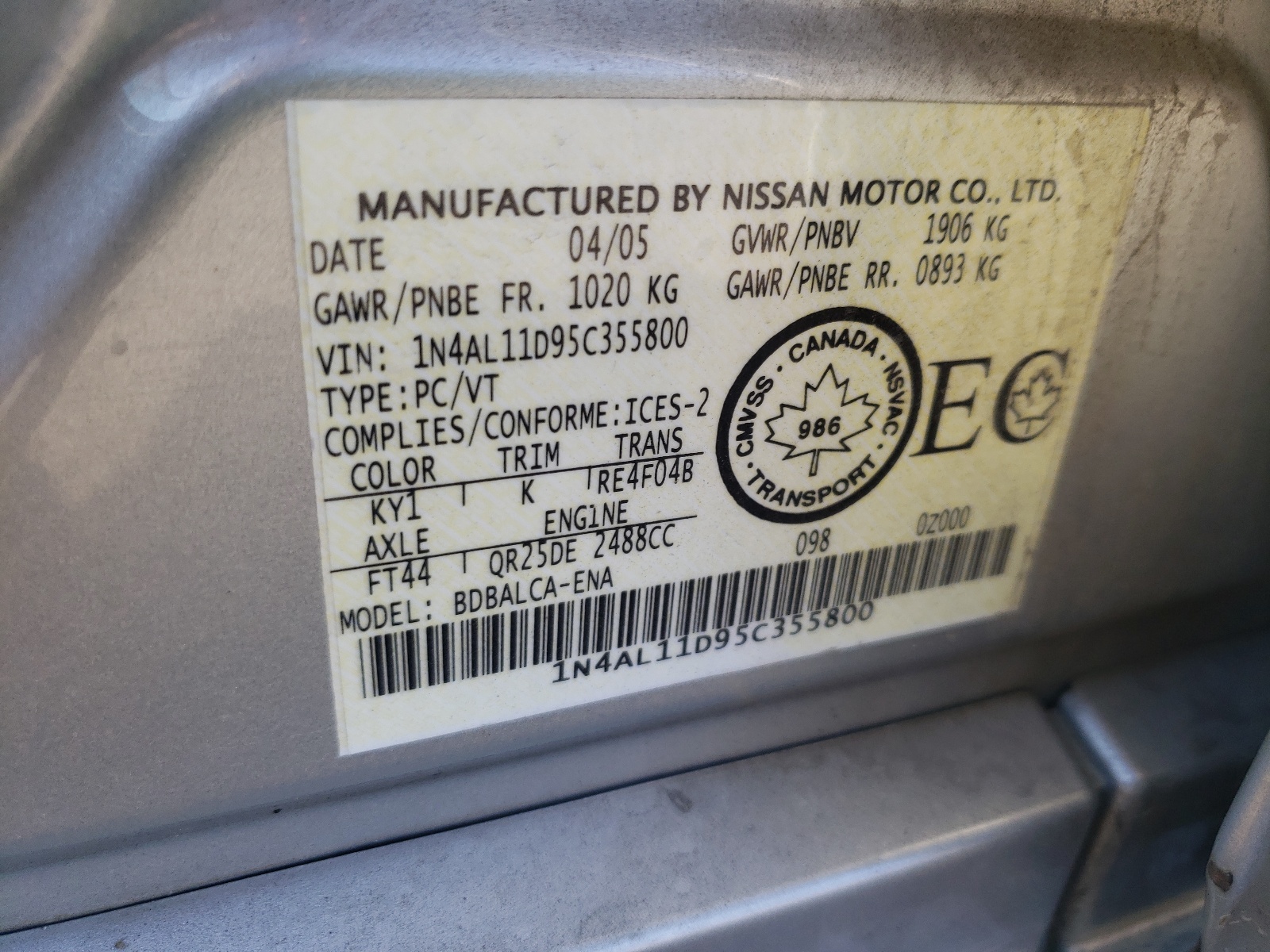 Photo 10 from auction – 2005 NISSAN ALTIMA S with VIN 1N4AL11D95C355800