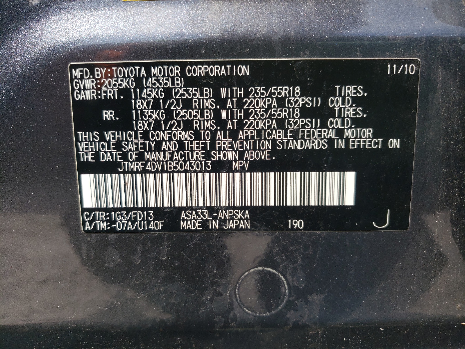 Photo 10 from auction – 2011 TOYOTA RAV4 SPORT with VIN JTMRF4DV1B5043013