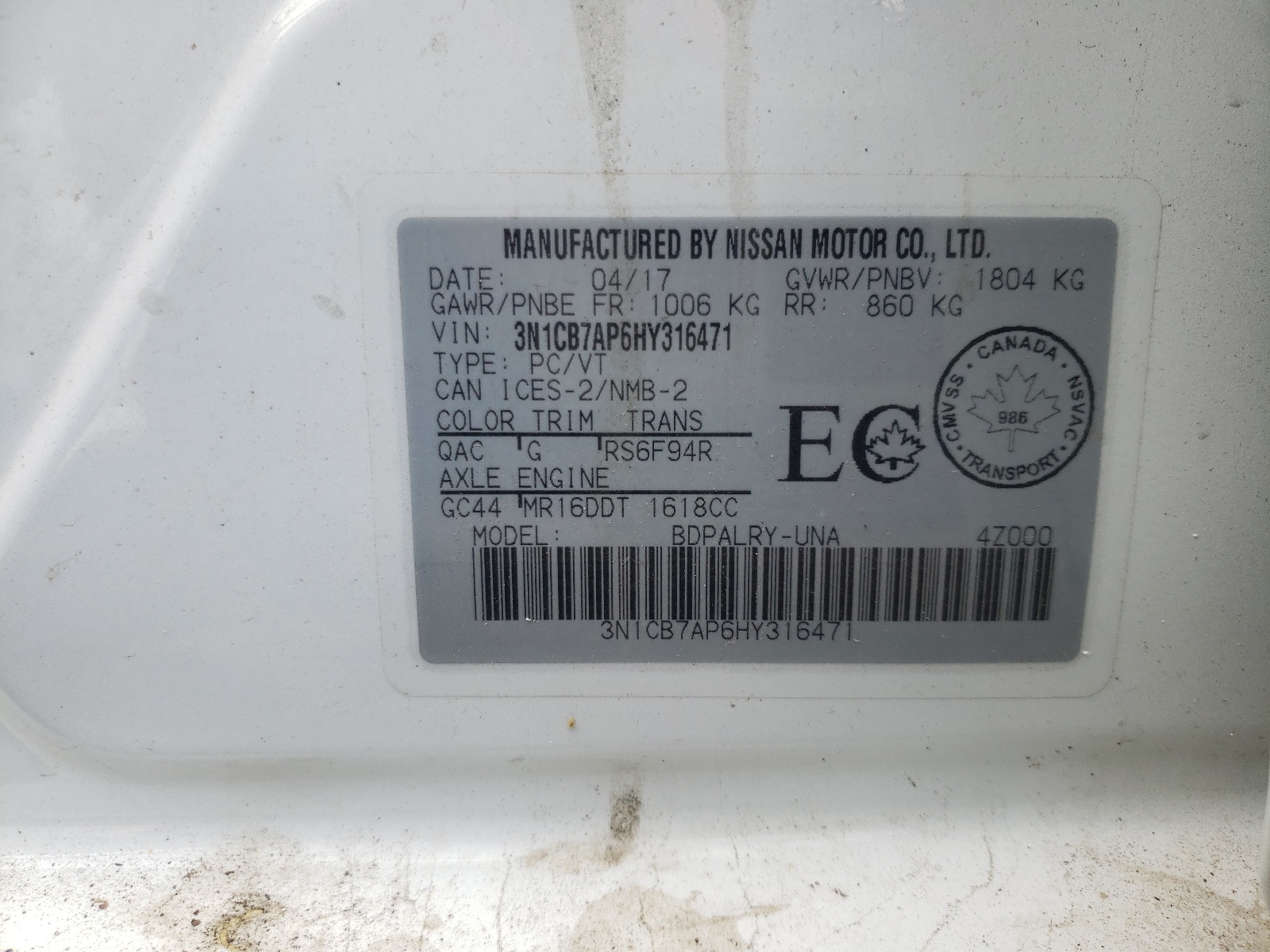 Photo 10 from auction – 2017 NISSAN SENTRA SR with VIN 3N1CB7AP6HY316471