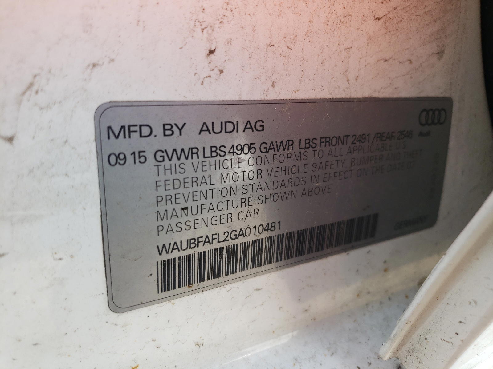 Photo 10 from auction – 2016 AUDI A4 PREMIUM with VIN WAUBFAFL2GA010481