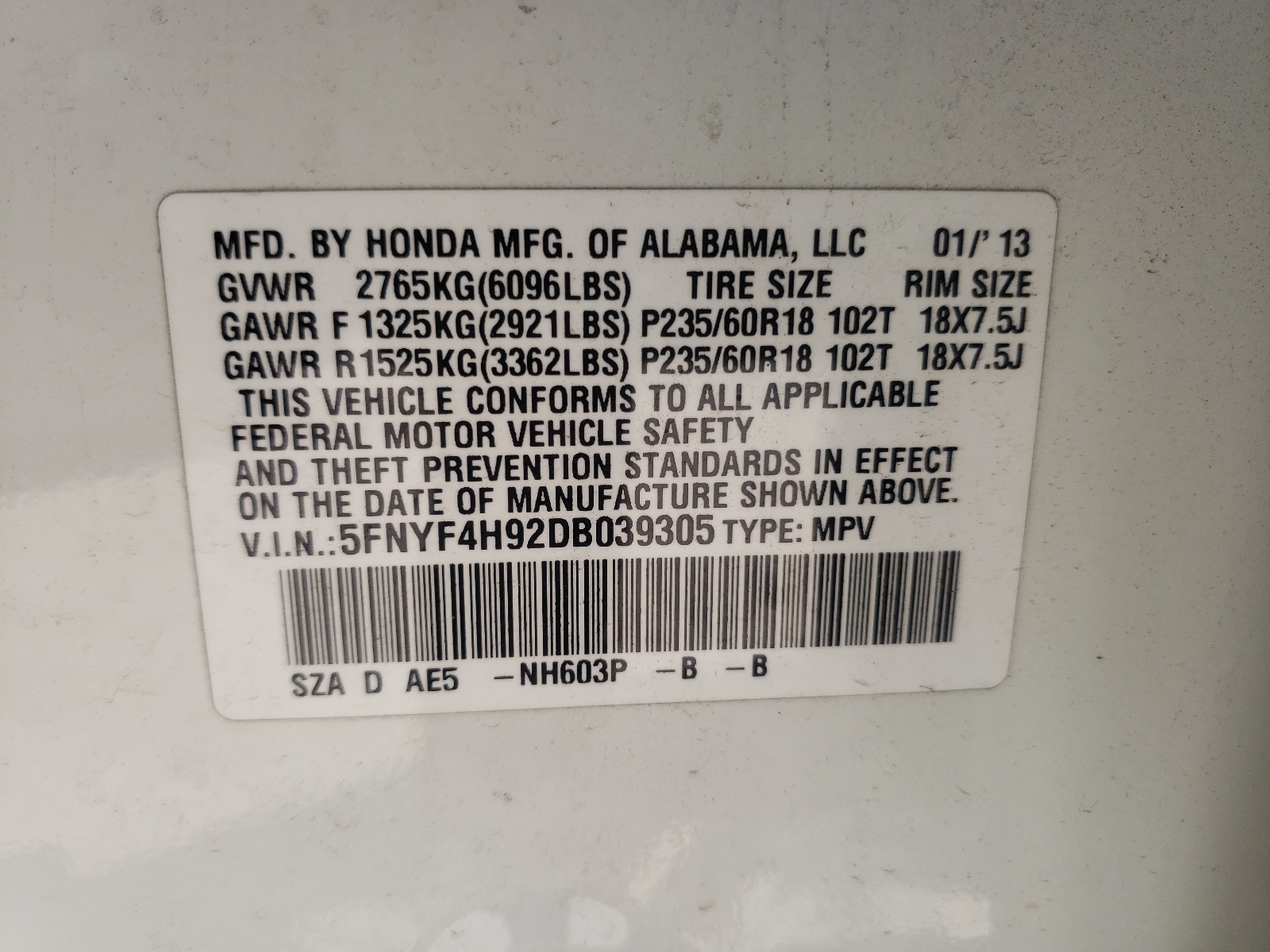 Photo 10 from auction – 2013 HONDA PILOT TOUR with VIN 5FNYF4H92DB039305
