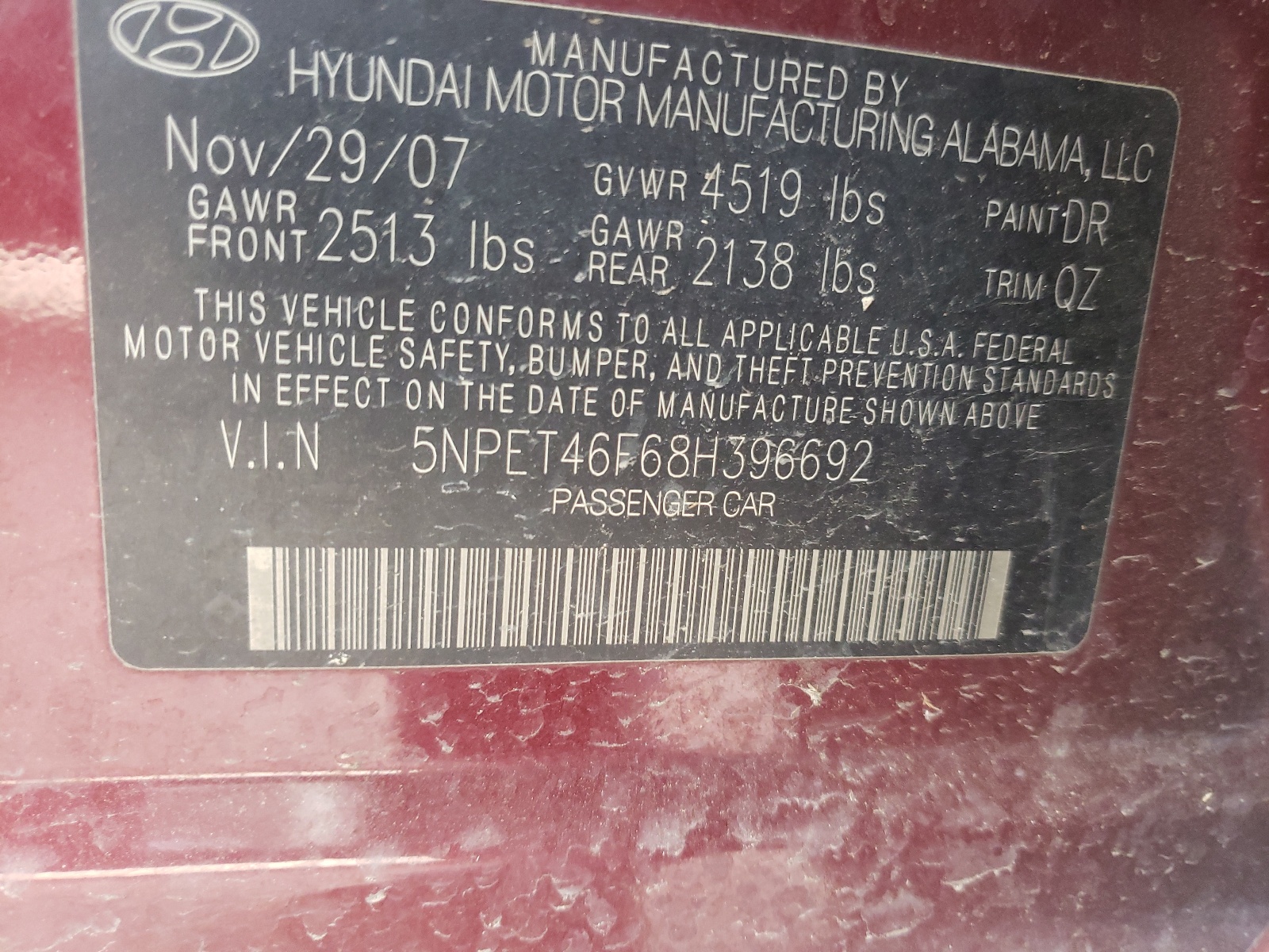 Photo 10 from auction – 2008 HYUNDAI SONATA GLS with VIN 5NPET46F68H396692