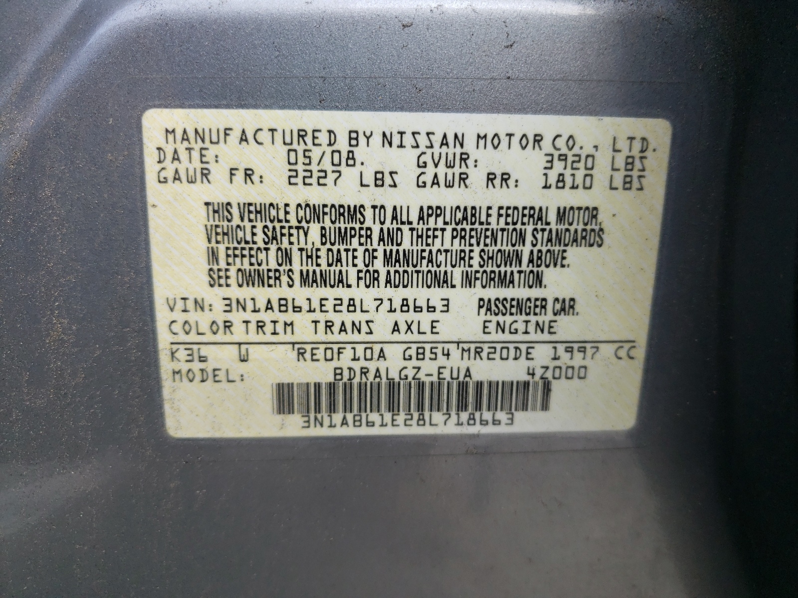 Photo 10 from auction – 2008 NISSAN SENTRA with VIN 3N1AB61E28L718663