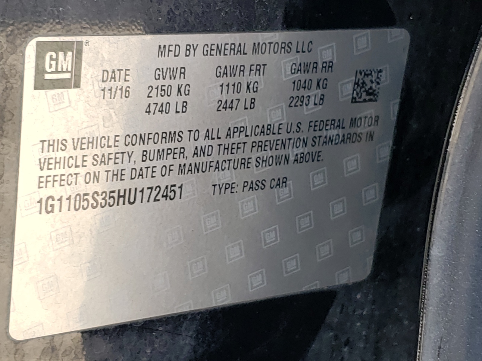 Photo 11 from auction – 2017 CHEVROLET IMPALA LT with VIN 1G1105S35HU172451