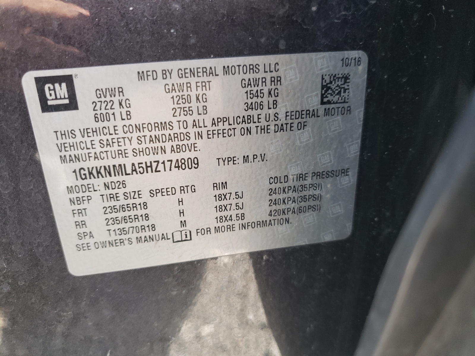 Photo 10 from auction – 2017 GMC ACADIA SLT with VIN 1GKKNMLA5HZ174809