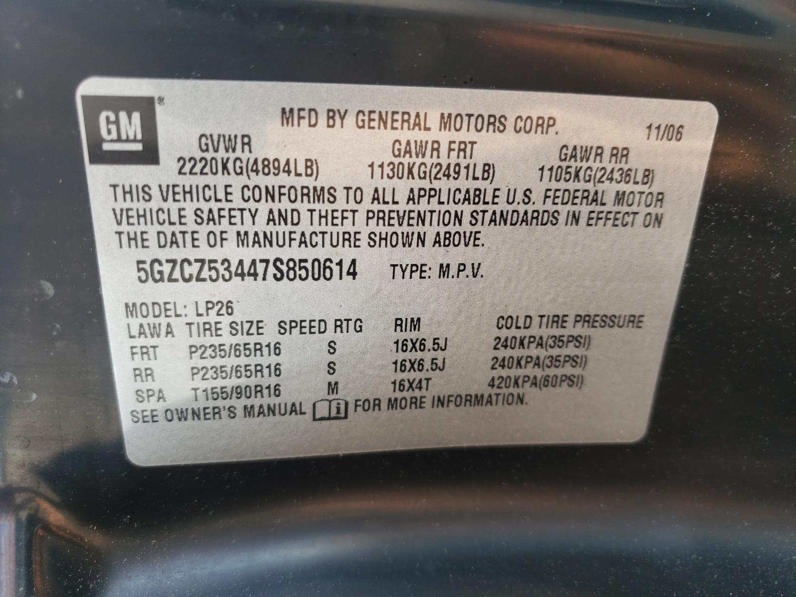 Photo 10 from auction – 2007 SATURN VUE with VIN 5GZCZ53447S850614