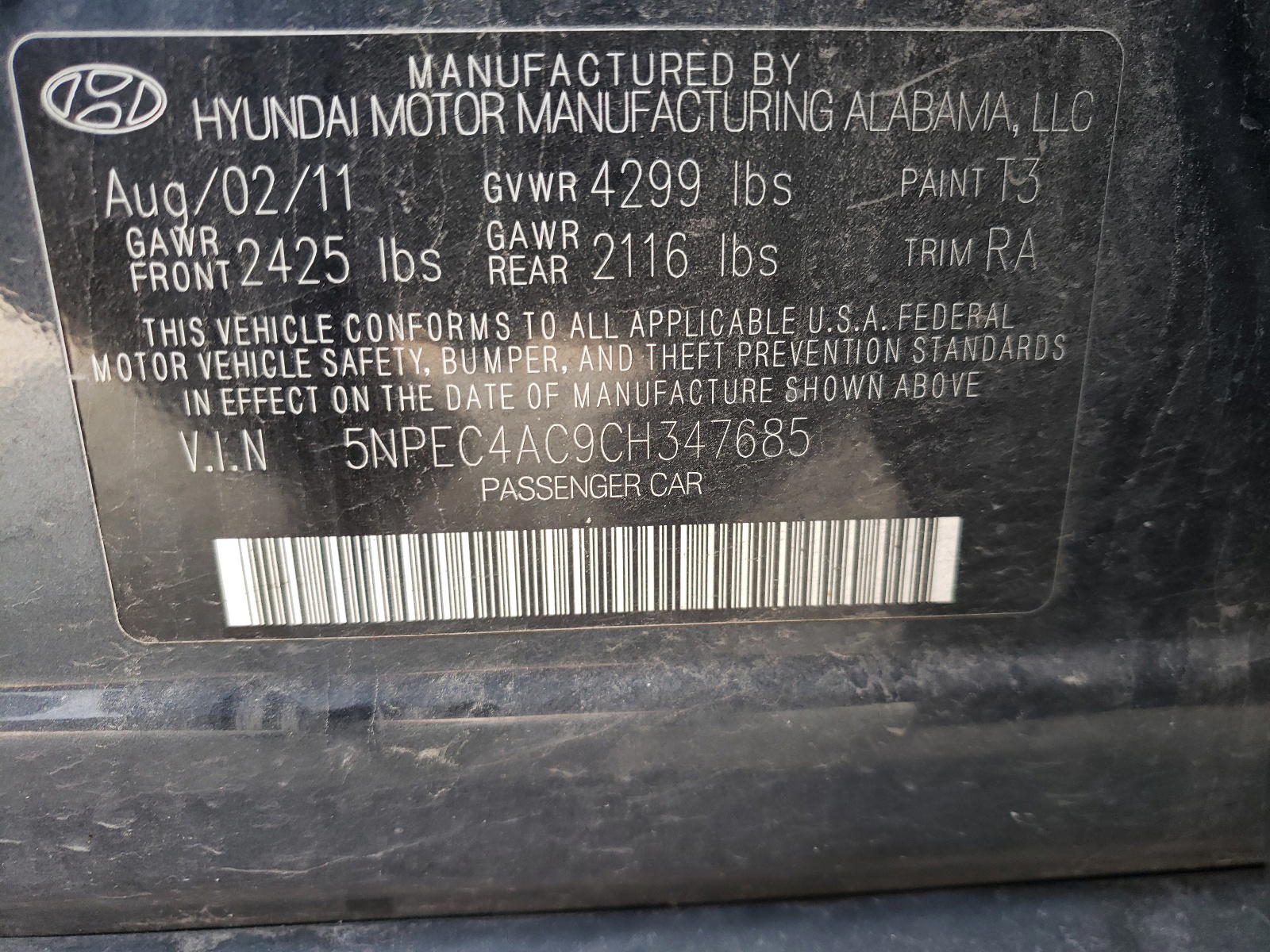 Photo 10 from auction – 2012 HYUNDAI SONATA SE with VIN 5NPEC4AC9CH347685