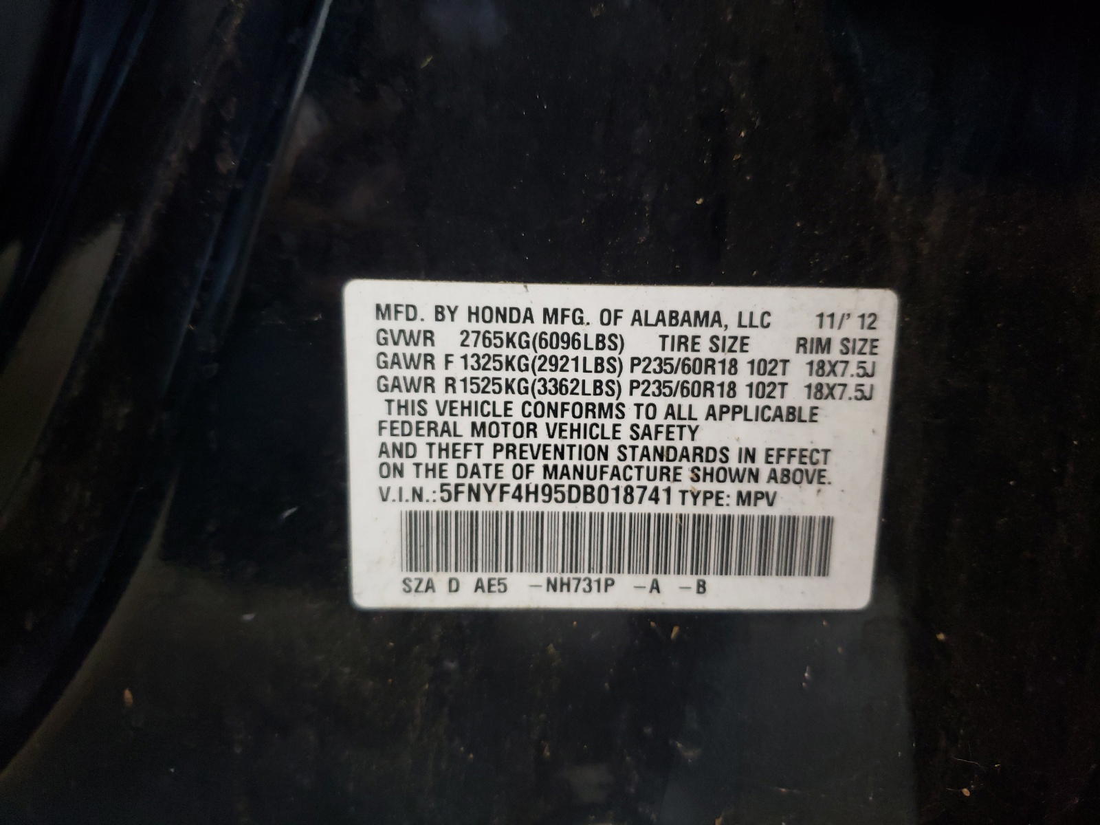 Photo 10 from auction – 2013 HONDA PILOT TOUR with VIN 5FNYF4H95DB018741