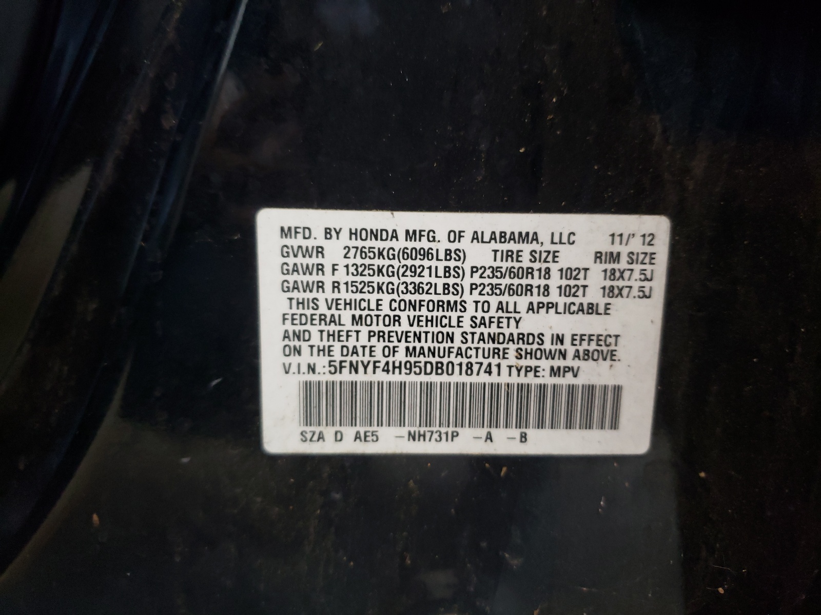 Zdjęcie 10 z aukcji – 2013 HONDA PILOT TOUR z VIN 5FNYF4H95DB018741