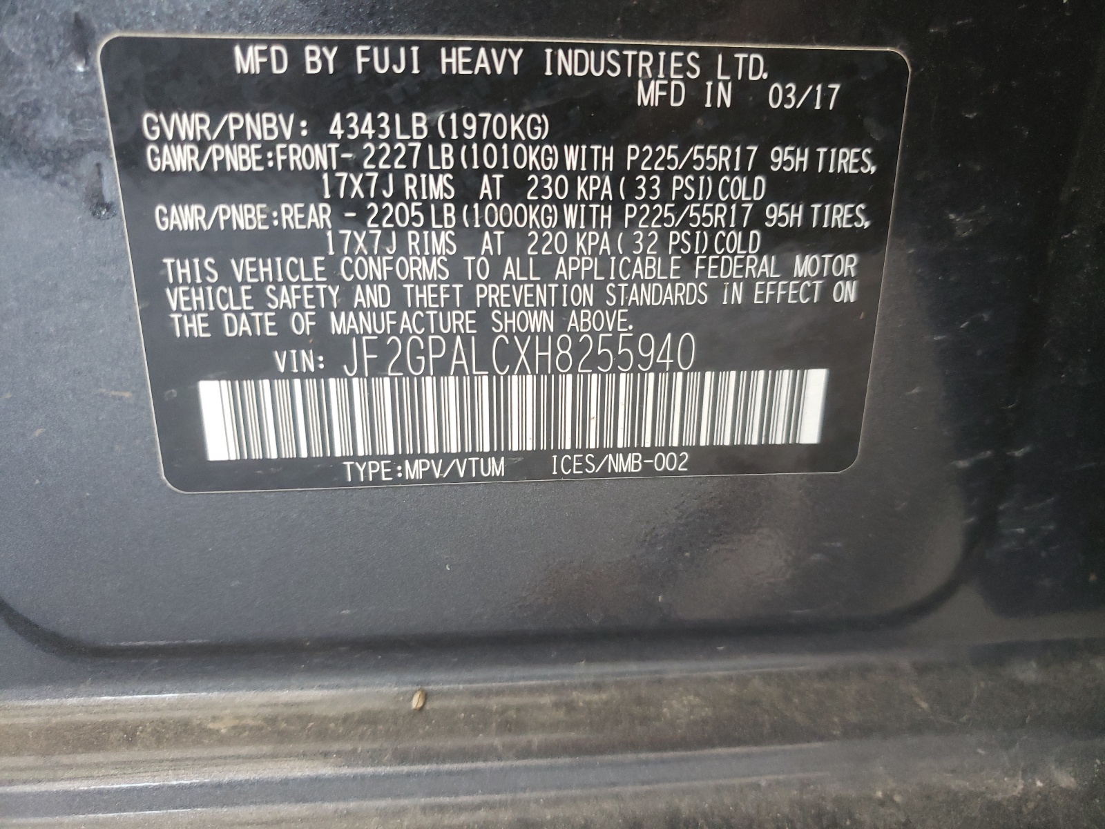 Photo 10 from auction – 2017 SUBARU CROSSTREK with VIN JF2GPALCXH8255940