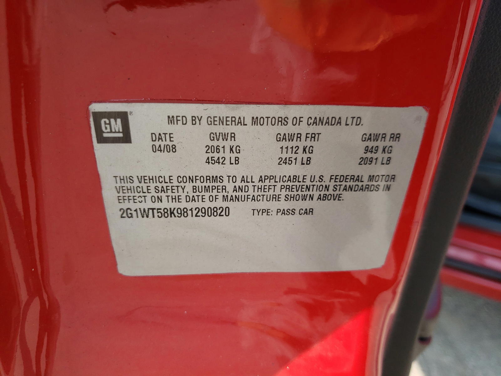 Photo 10 from auction – 2008 CHEVROLET IMPALA LT with VIN 2G1WT58K981290820