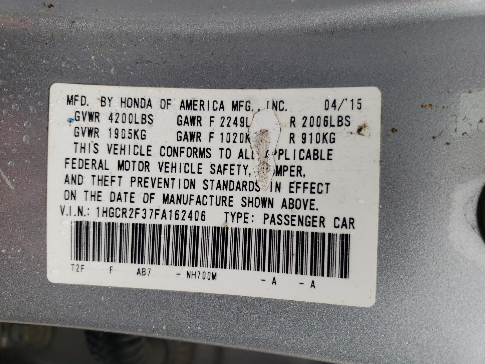 Photo 10 from auction – 2015 HONDA ACCORD LX with VIN 1HGCR2F37FA162406