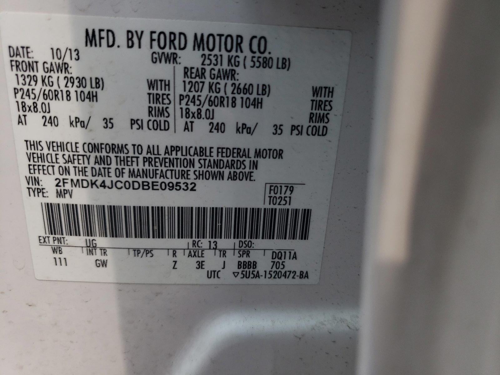 Photo 10 from auction – 2013 FORD EDGE SEL with VIN 2FMDK4JC0DBE09532