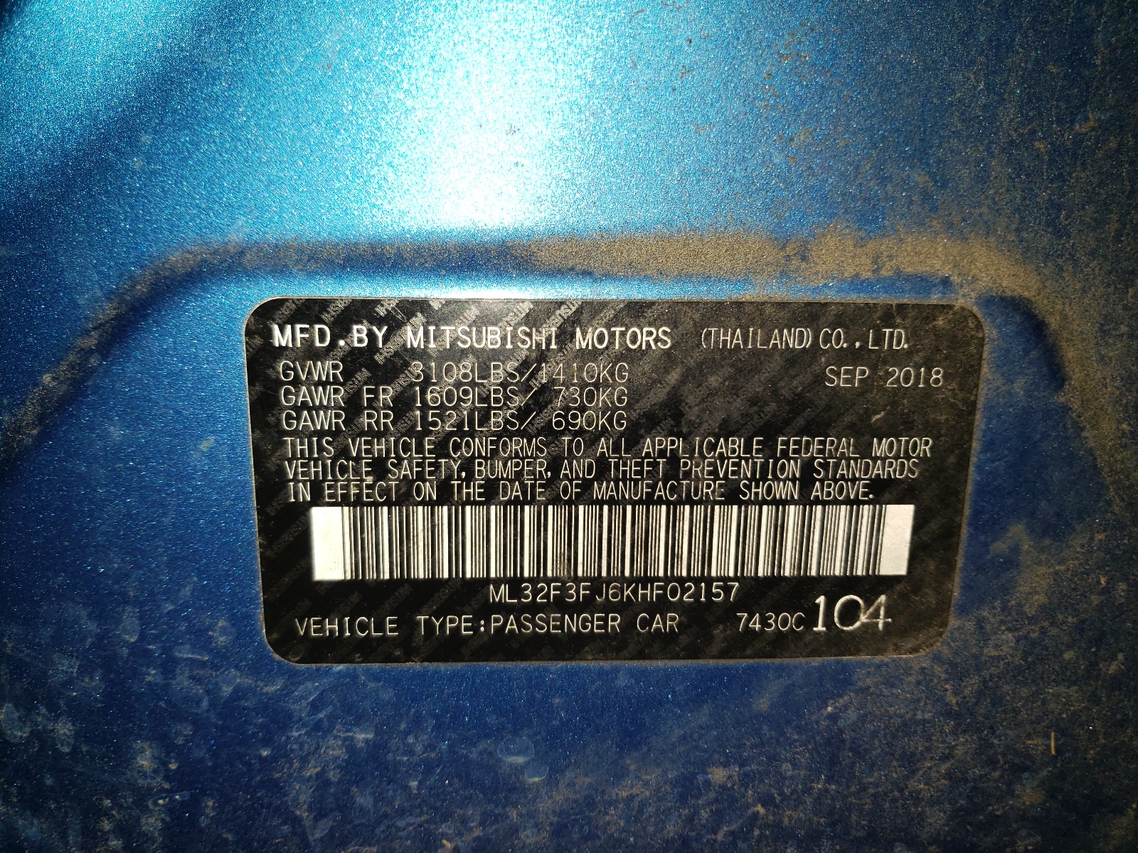 Photo 10 from auction – 2019 MITSUBISHI MIRAGE G4 with VIN ML32F3FJ6KHF02157