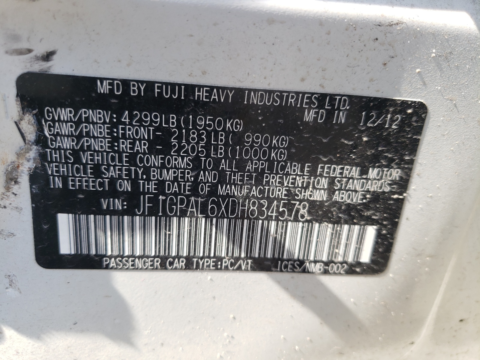 Photo 10 from auction – 2013 SUBARU IMPREZA SP with VIN JF1GPAL6XDH834578