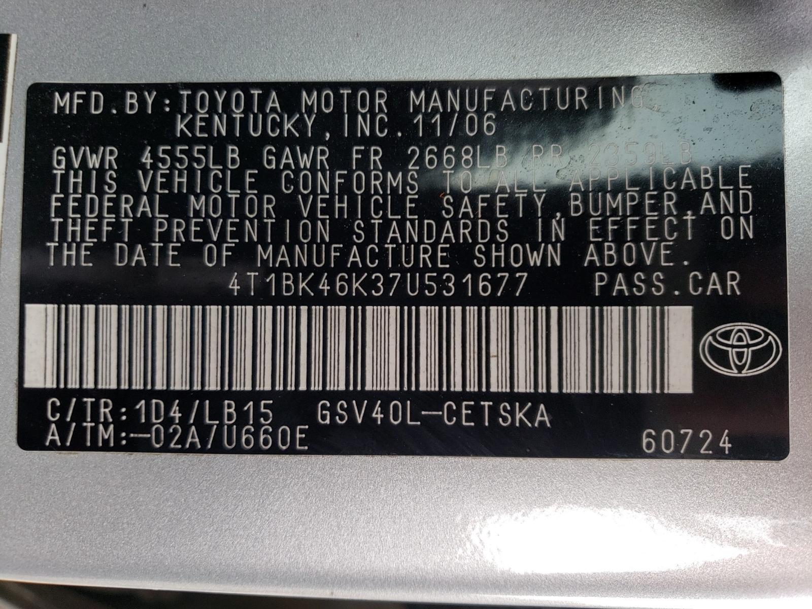 Photo 10 from auction – 2007 TOYOTA CAMRY LE with VIN 4T1BK46K37U531677