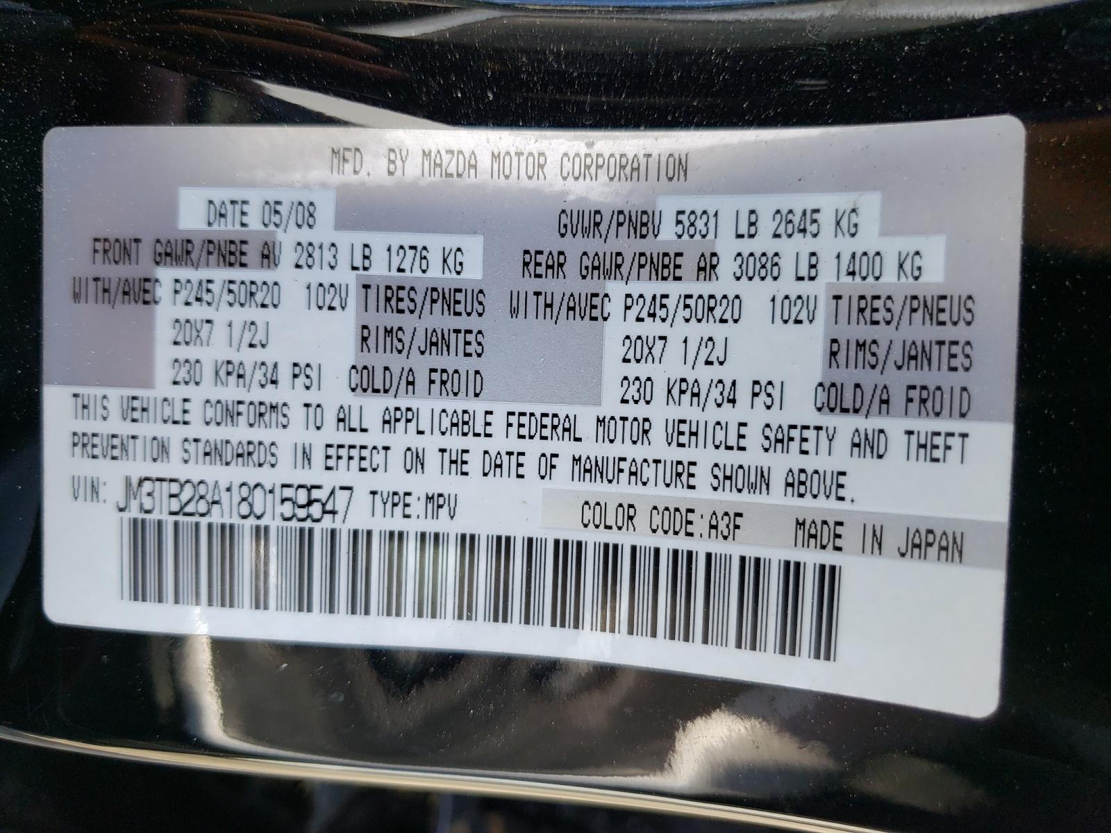 Photo 10 from auction – 2008 MAZDA CX-9 with VIN JM3TB28A180159547