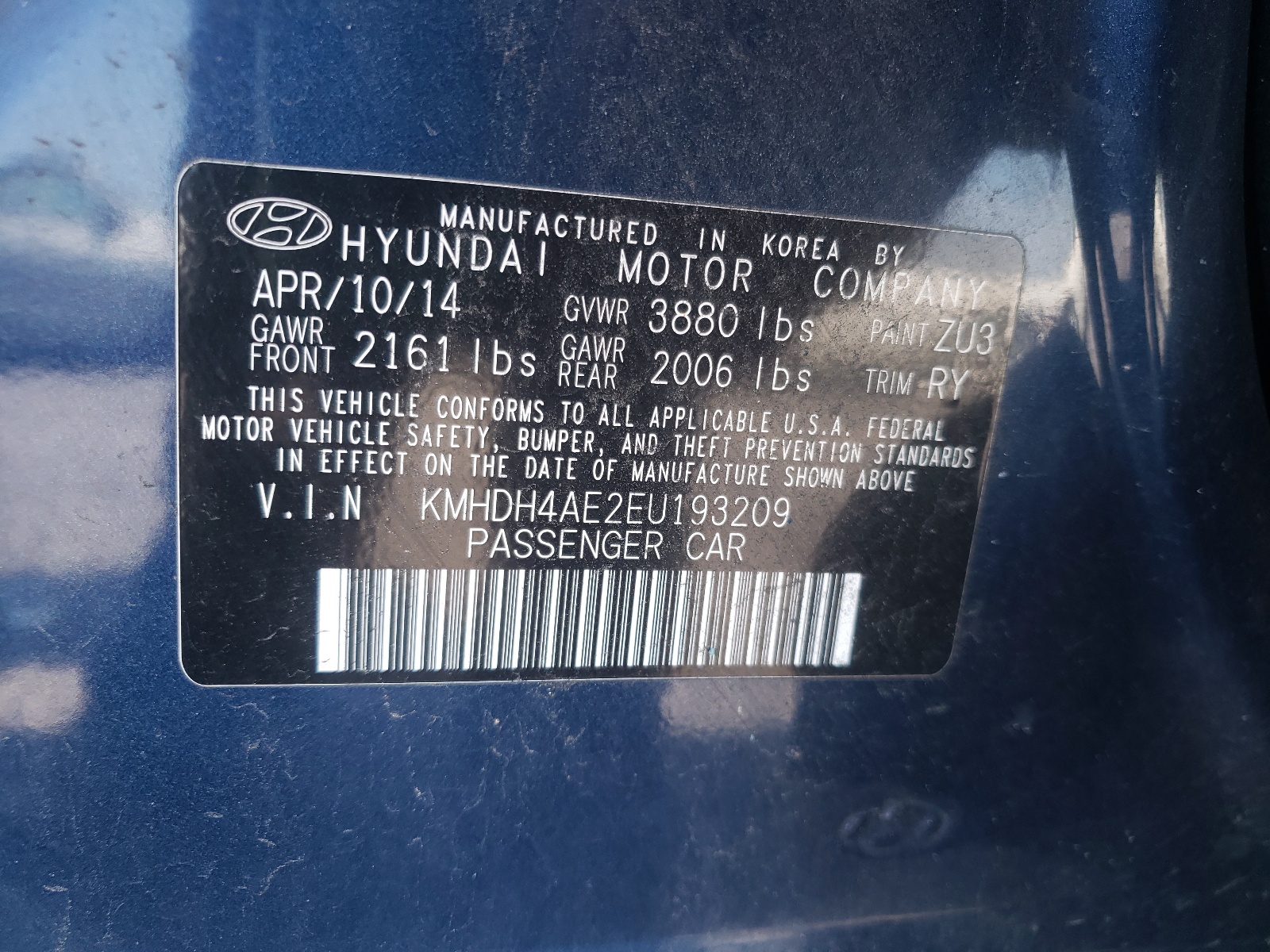 Photo 10 from auction – 2014 HYUNDAI ELANTRA SE with VIN KMHDH4AE2EU193209