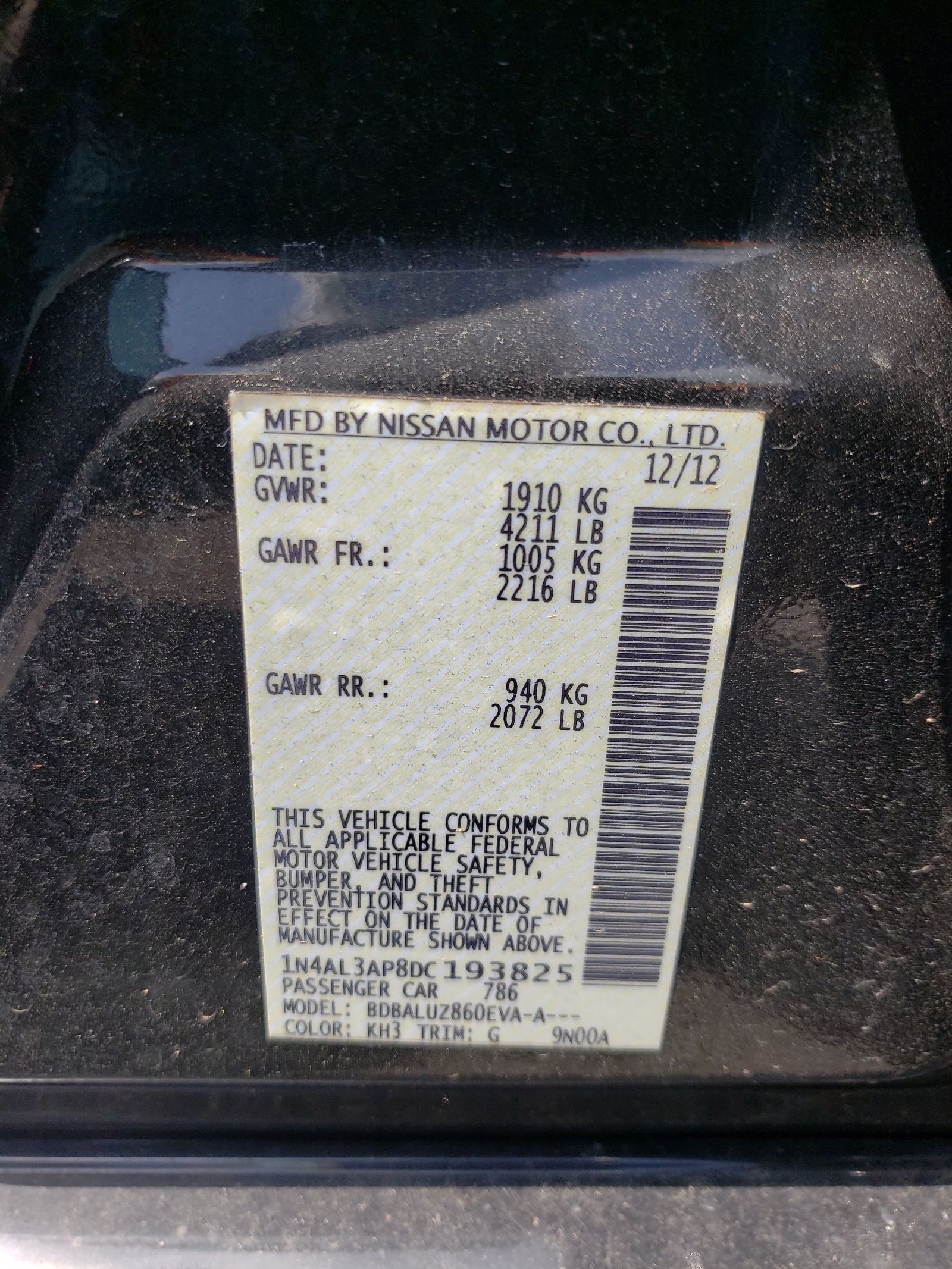 Photo 10 from auction – 2013 NISSAN ALTIMA 2.5 with VIN 1N4AL3AP8DC193825