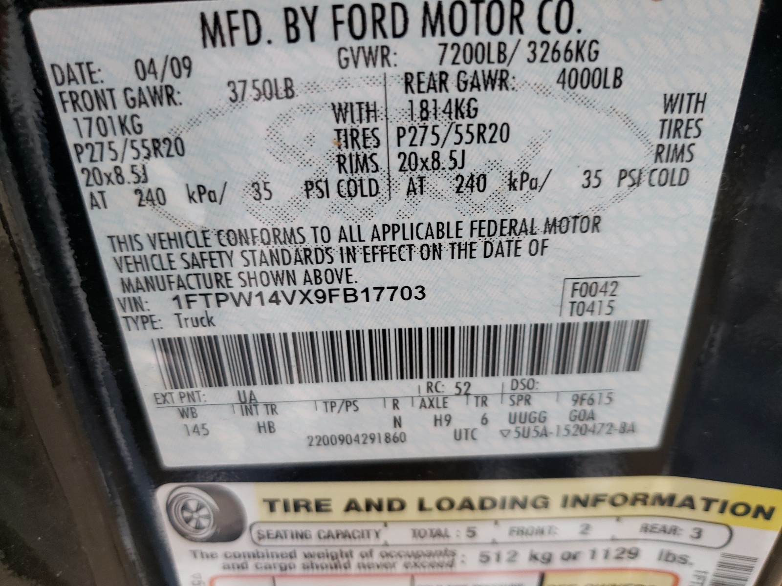 Photo 10 from auction – 2009 FORD F150 SUPER with VIN 1FTPW14VX9FB17703