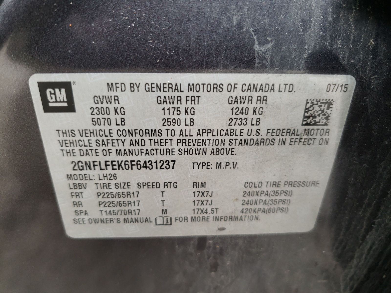 Photo 10 from auction – 2015 CHEVROLET EQUINOX LT with VIN 2GNFLFEK6F6431237