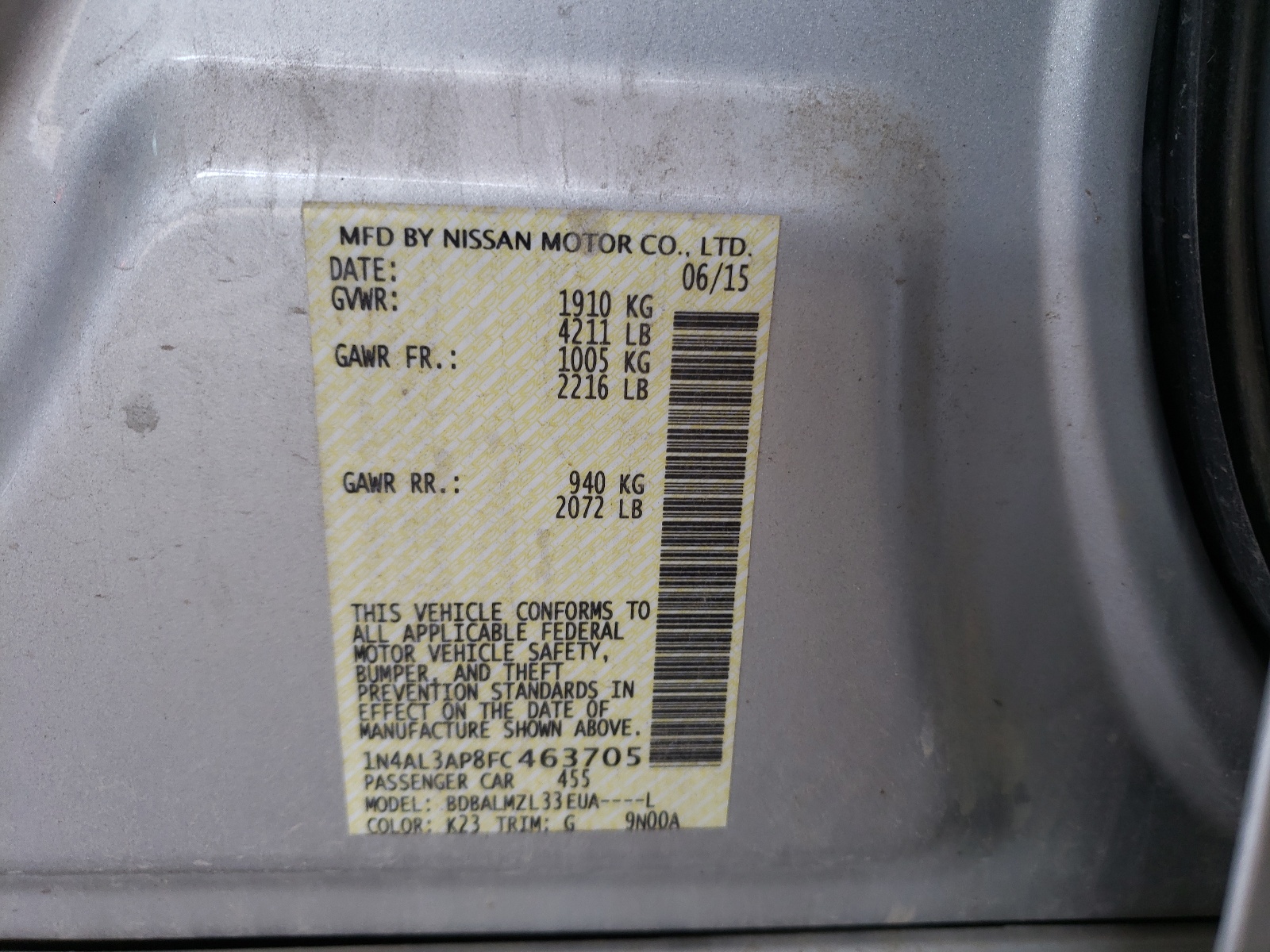 Photo 10 from auction – 2015 NISSAN ALTIMA 2.5 with VIN 1N4AL3AP8FC463705