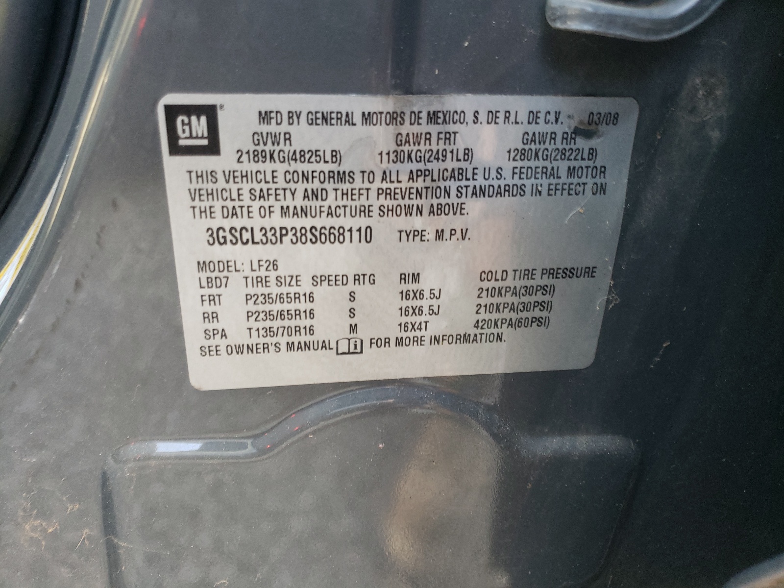 Photo 10 from auction – 2008 SATURN VUE XE with VIN 3GSCL33P38S668110