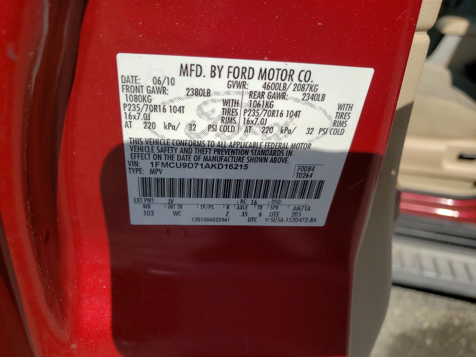 Photo 10 from auction – 2010 FORD ESCAPE with VIN 1FMCU9D71AKD16215
