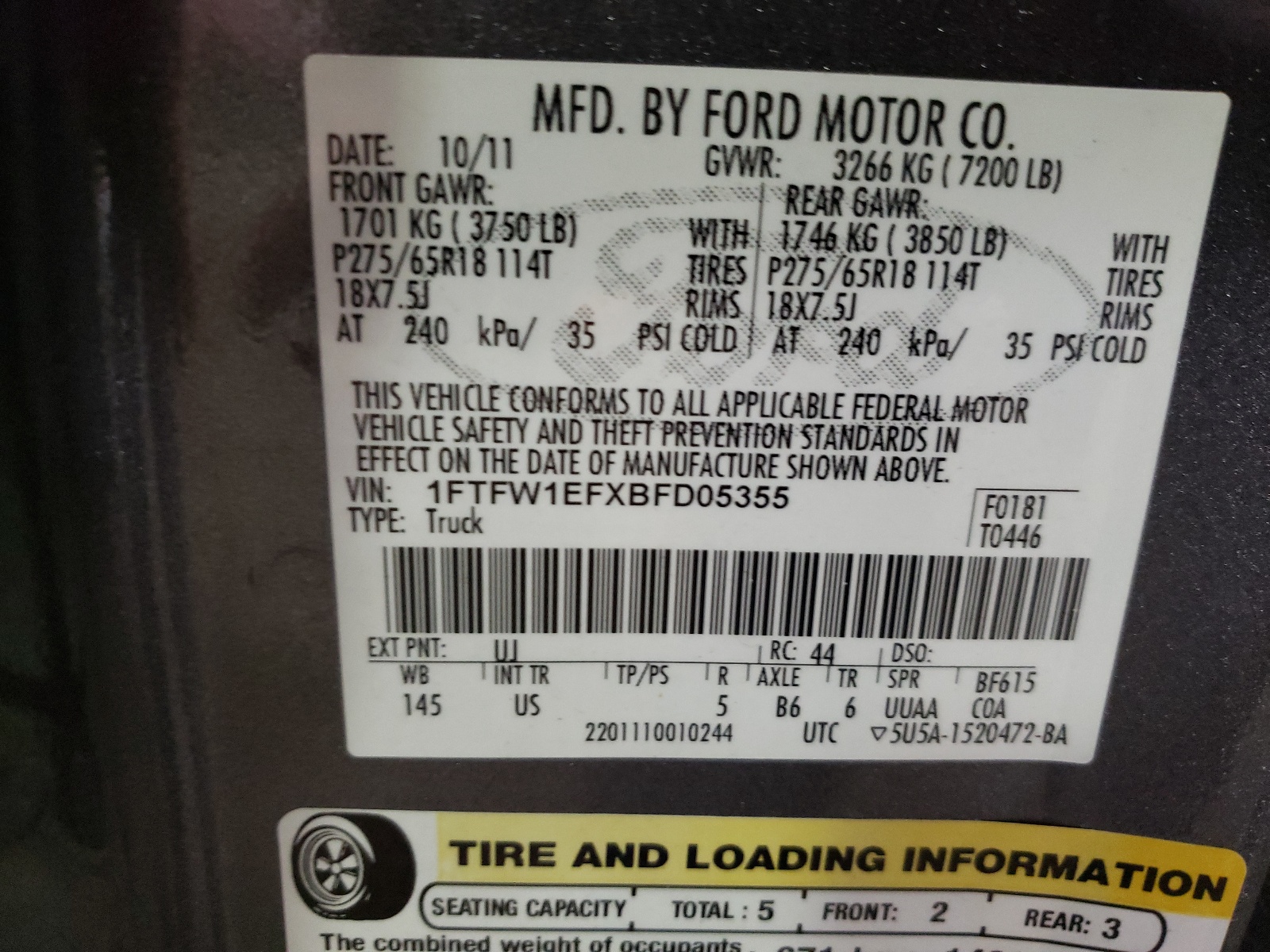 Photo 10 from auction – 2011 FORD F150 SUPER with VIN 1FTFW1EFXBFD05355