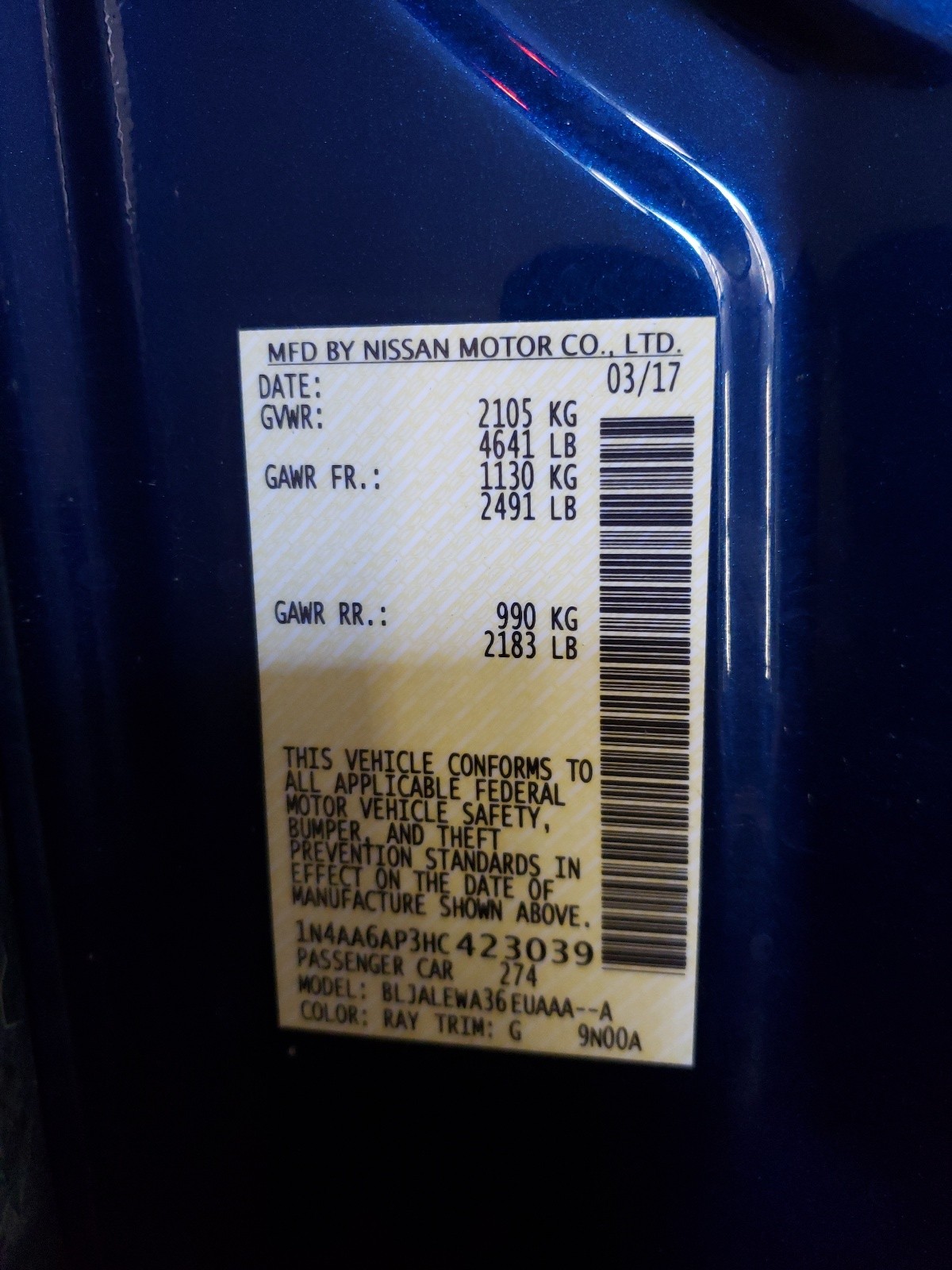 Photo 10 from auction – 2017 NISSAN MAXIMA 3.5 with VIN 1N4AA6AP3HC423039