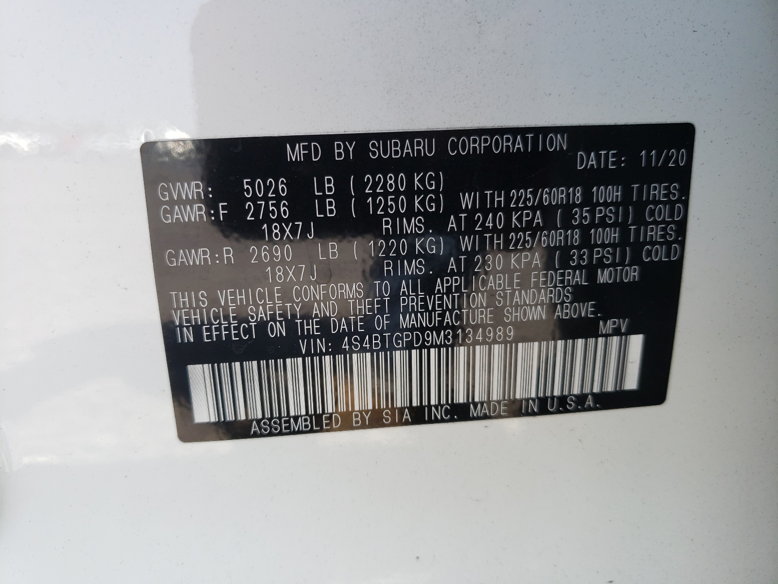 Photo 10 from auction – 2021 SUBARU OUTBACK TO with VIN 4S4BTGPD9M3134989