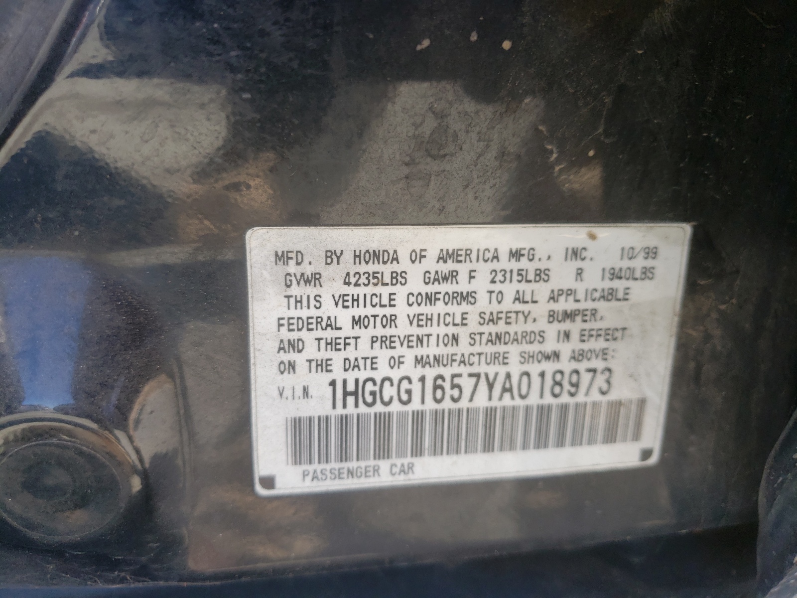 Photo 10 from auction – 2000 HONDA ACCORD EX with VIN 1HGCG1657YA018973