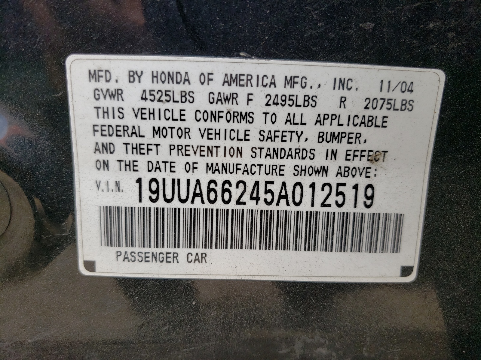 Photo 10 from auction – 2005 ACURA TL with VIN 19UUA66245A012519