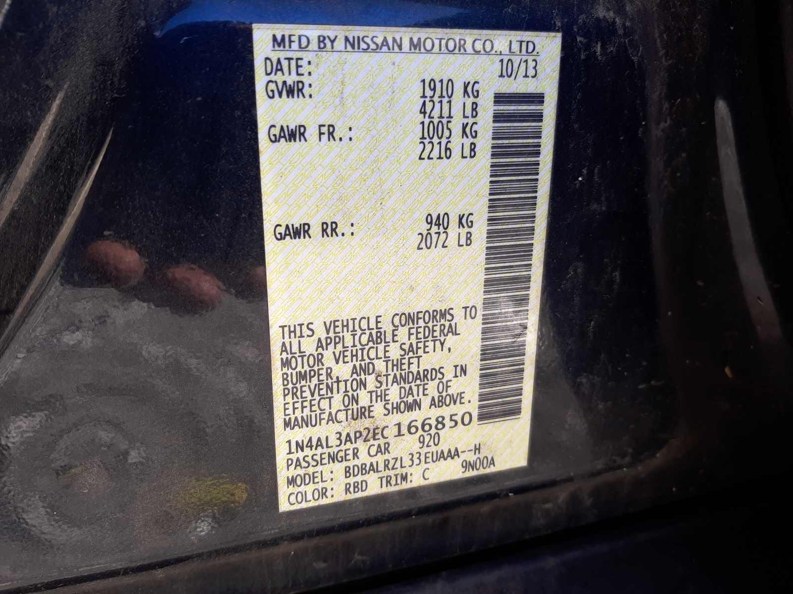 Photo 10 from auction – 2014 NISSAN ALTIMA 2.5 with VIN 1N4AL3AP2EC166850