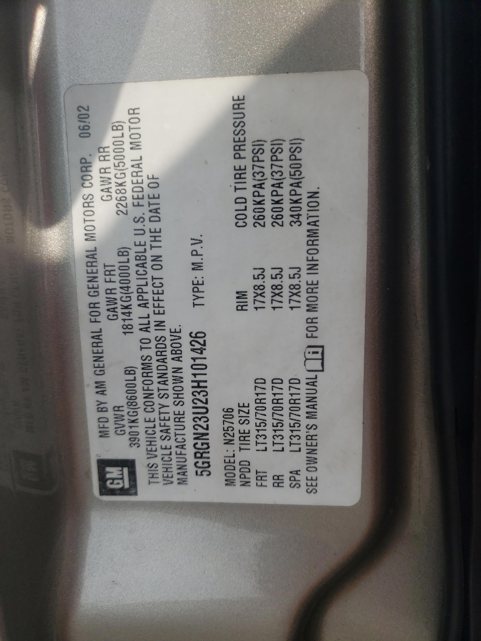 Photo 10 from auction – 2003 HUMMER H2 with VIN 5GRGN23U23H101426