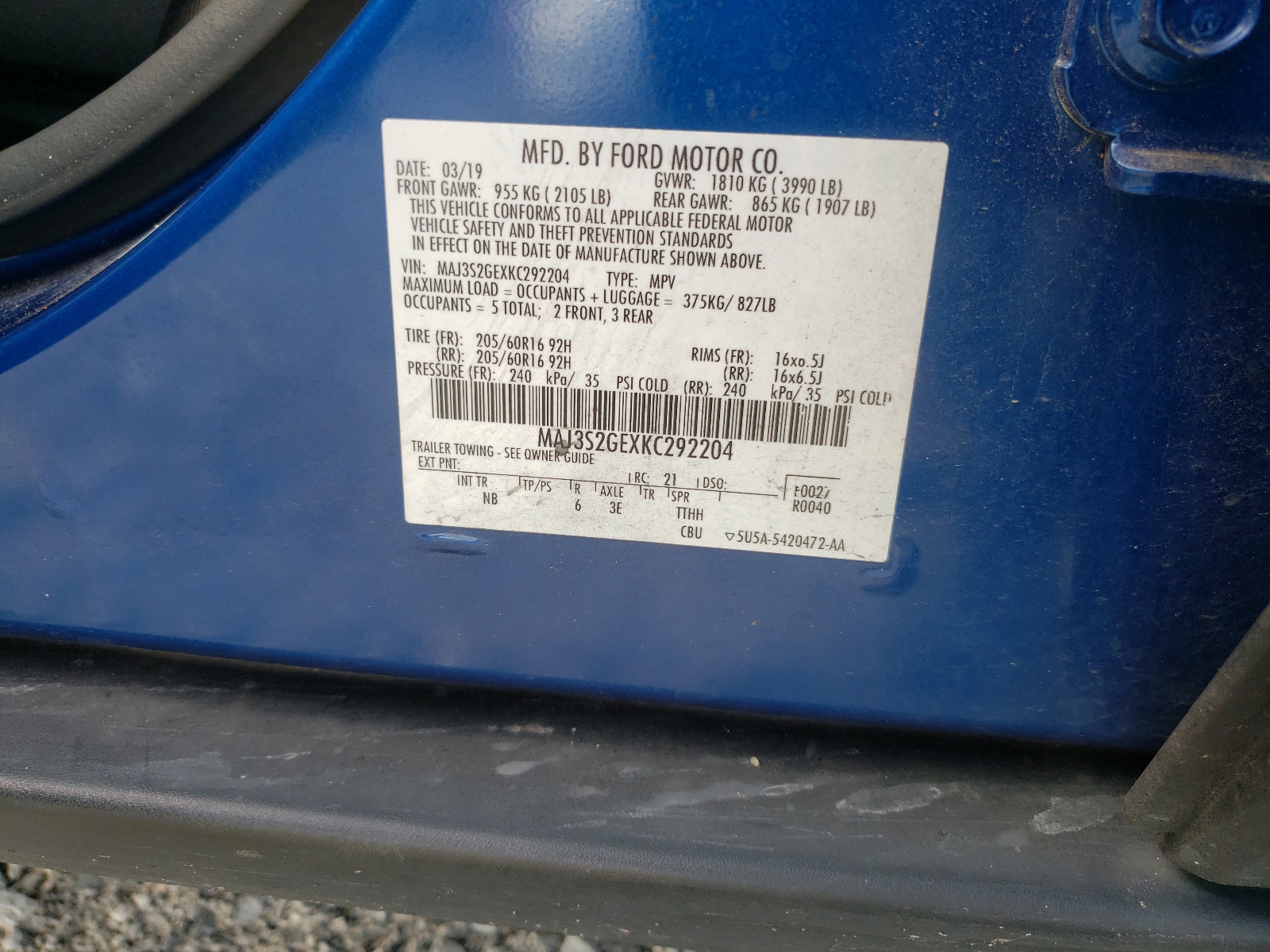 Photo 10 from auction – 2019 FORD ECOSPORT S with VIN MAJ3S2GEXKC292204