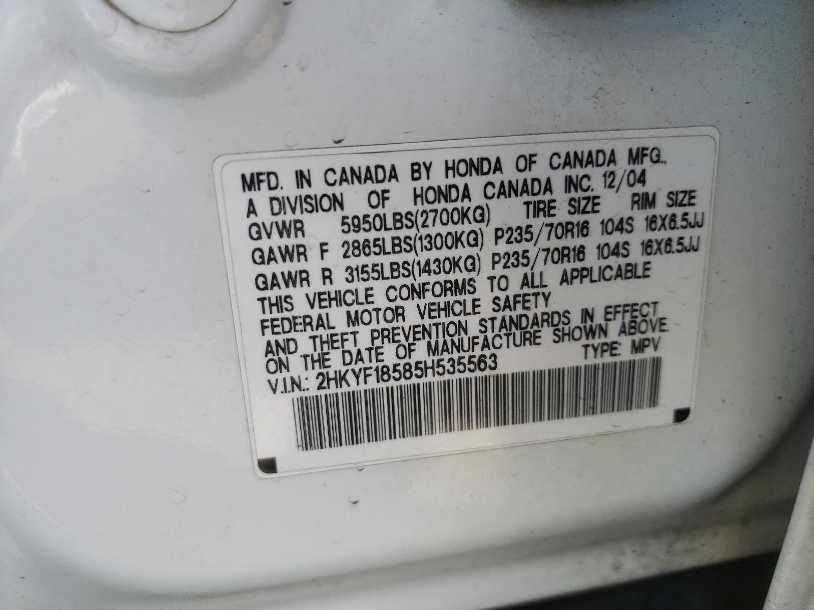 Photo 10 from auction – 2005 HONDA PILOT EXL with VIN 2HKYF18585H535563