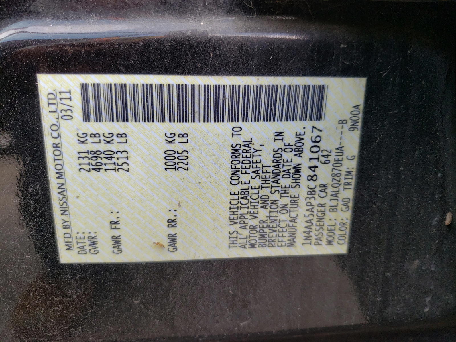 Photo 10 from auction – 2011 NISSAN MAXIMA S with VIN 1N4AA5AP3BC841067