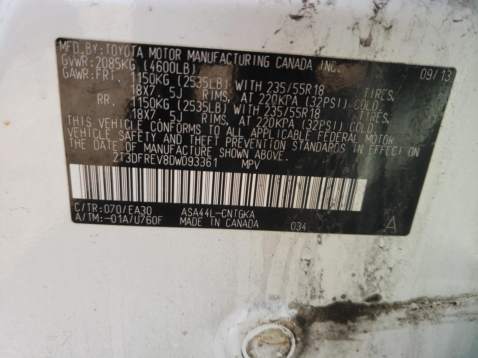 Photo 10 from auction – 2013 TOYOTA RAV4 LIMIT with VIN 2T3DFREV8DW093361