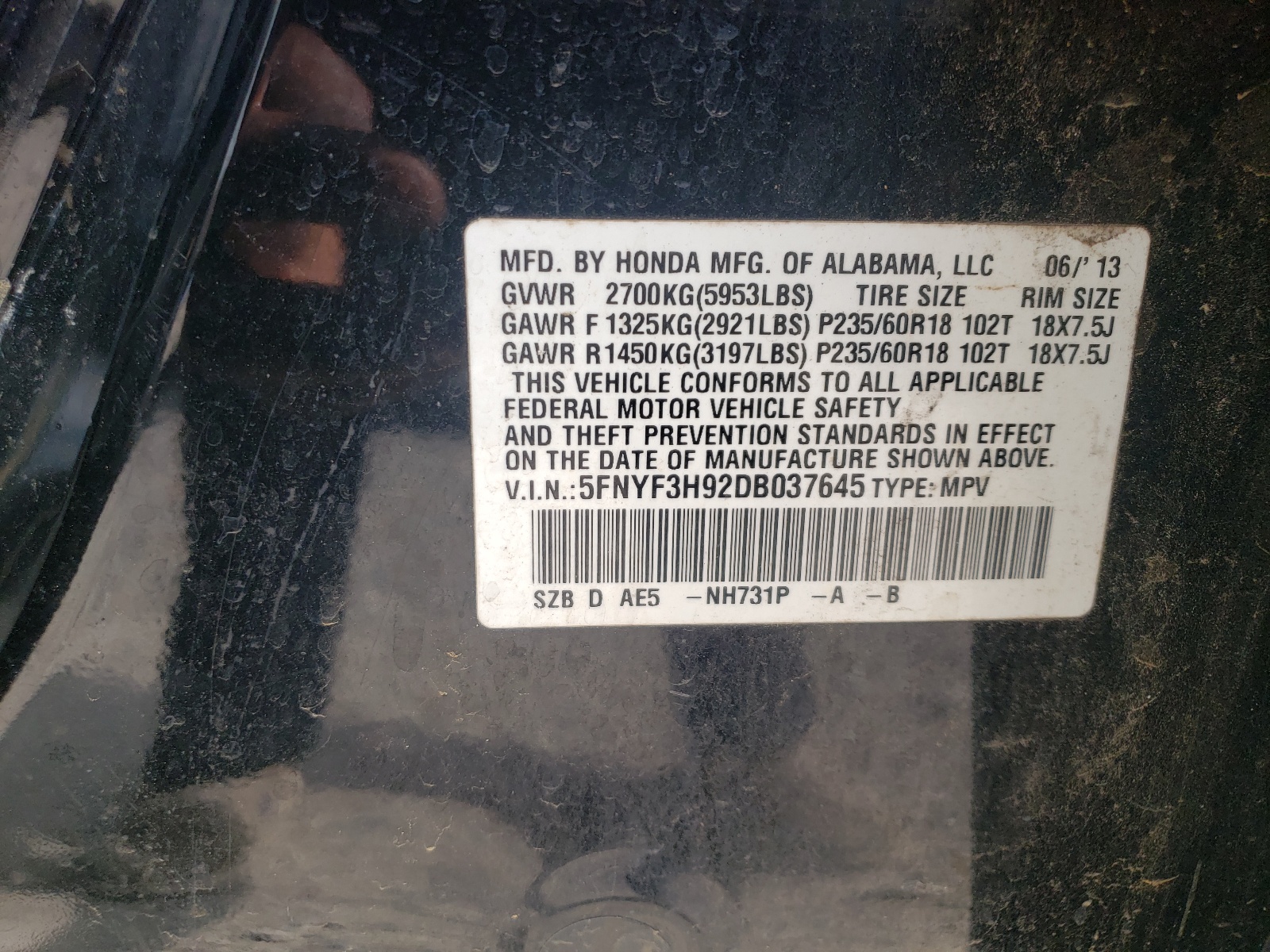 Photo 11 from auction – 2013 HONDA PILOT TOUR with VIN 5FNYF3H92DB037645