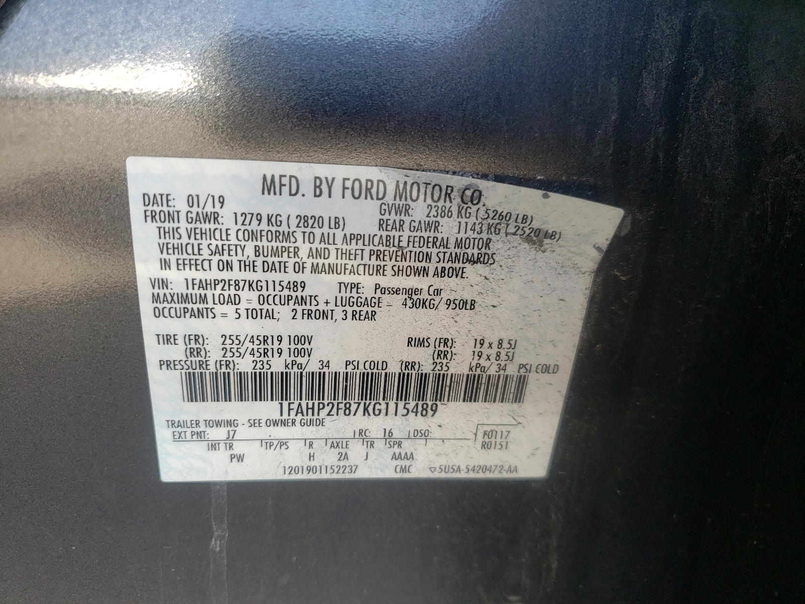 Photo 10 from auction – 2019 FORD TAURUS LIM with VIN 1FAHP2F87KG115489