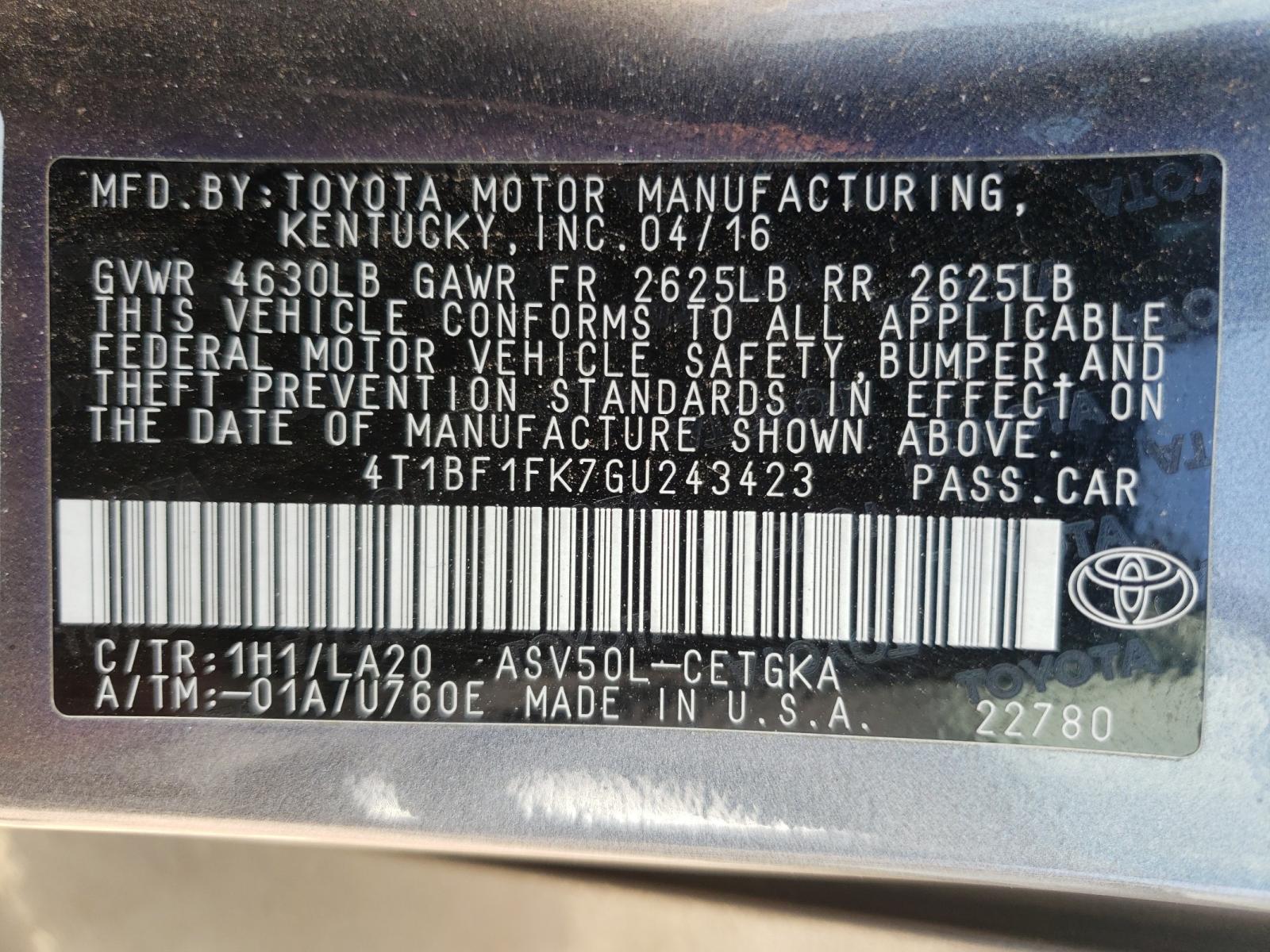 Photo 10 from auction – 2016 TOYOTA CAMRY LE with VIN 4T1BF1FK7GU243423