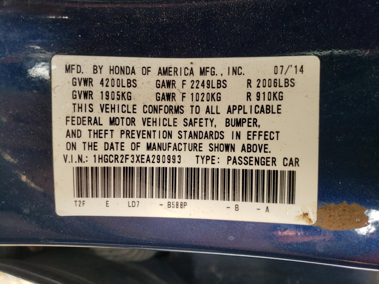 Photo 10 from auction – 2014 HONDA ACCORD LX with VIN 1HGCR2F3XEA290993