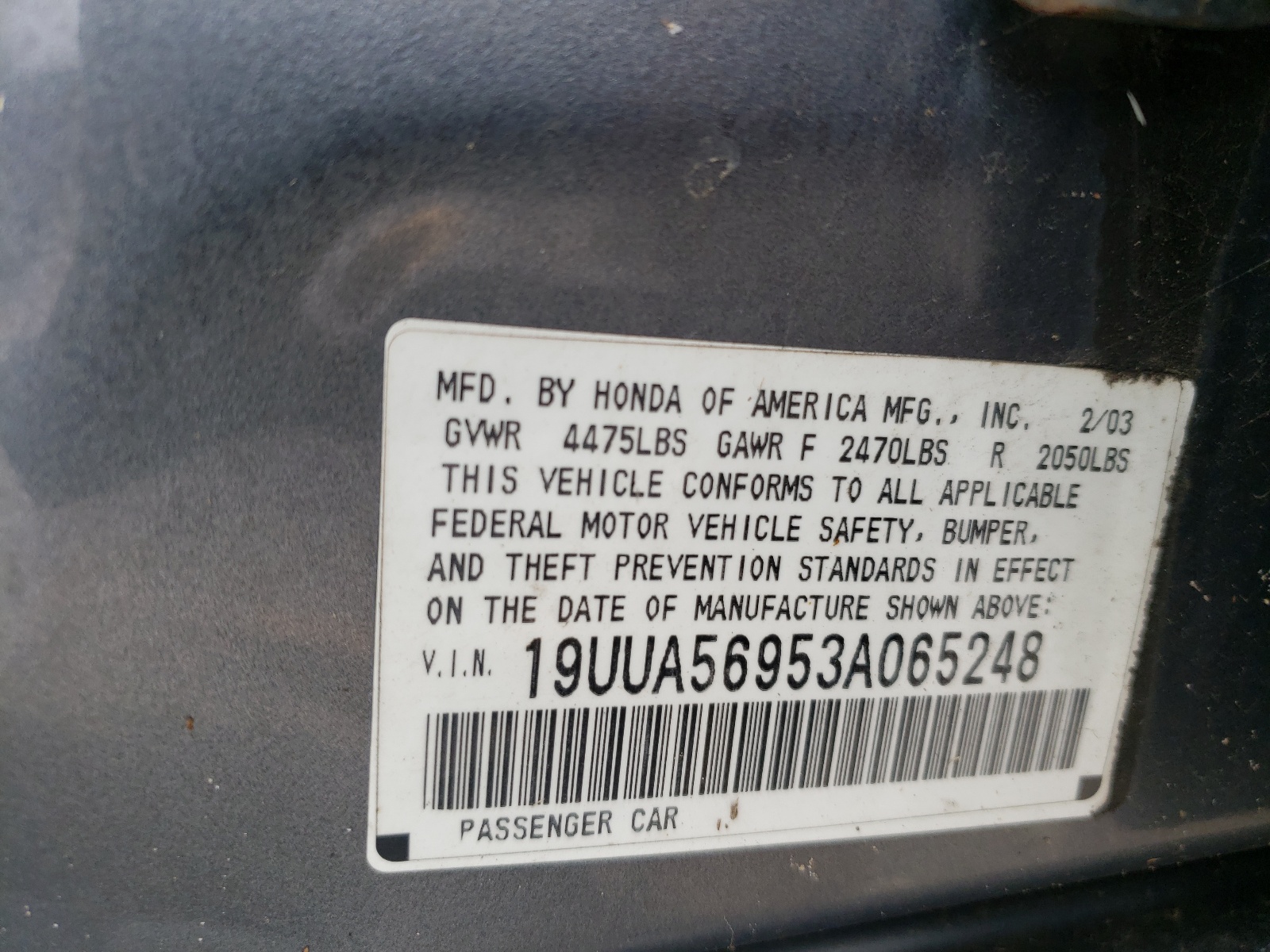 Photo 10 from auction – 2003 ACURA TLX with VIN 19UUA56953A065248
