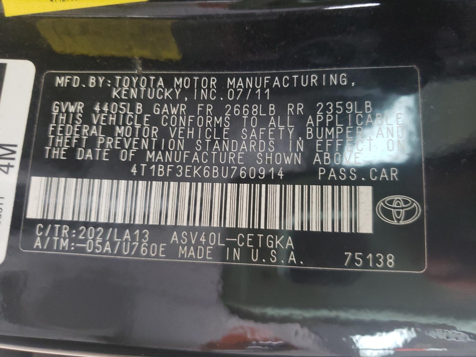 Photo 10 from auction – 2011 TOYOTA CAMRY BASE with VIN 4T1BF3EK6BU760914