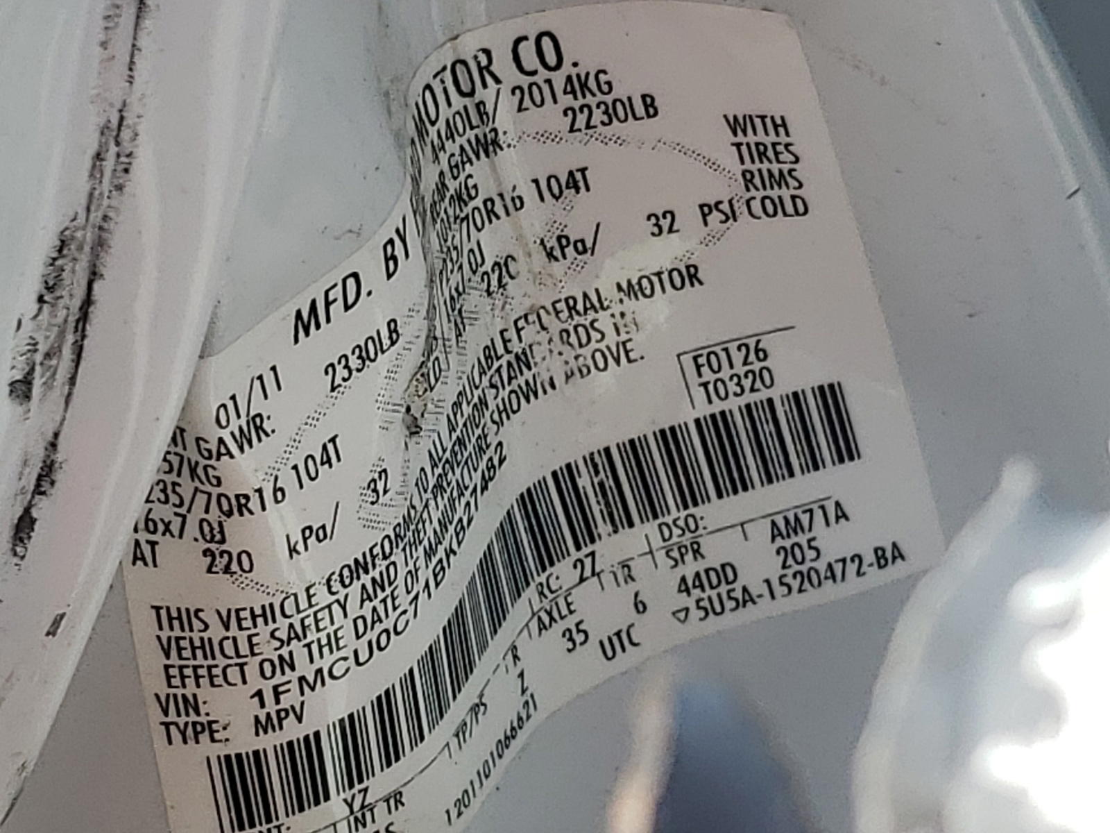 Photo 10 from auction – 2011 FORD ESCAPE XLS with VIN 1FMCU0C71BKB27482
