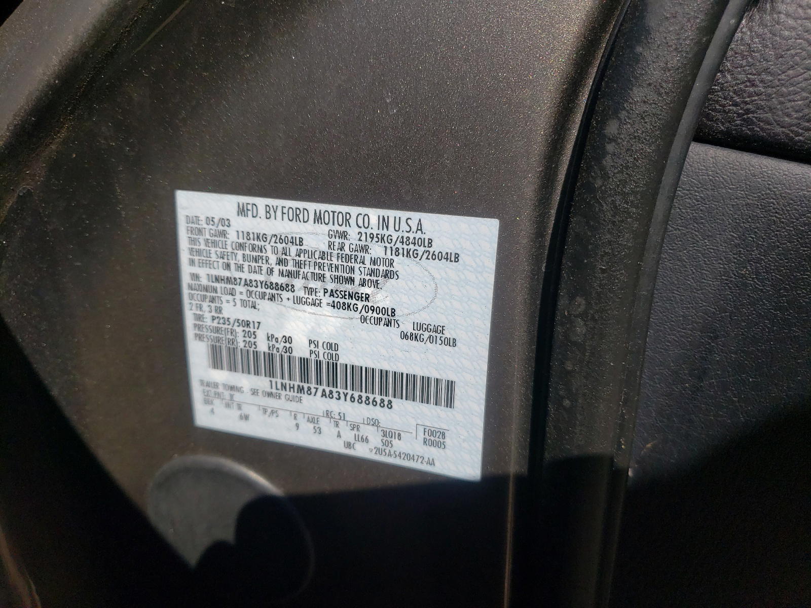Photo 10 from auction – 2003 LINCOLN LS with VIN 1LNHM87A83Y688688